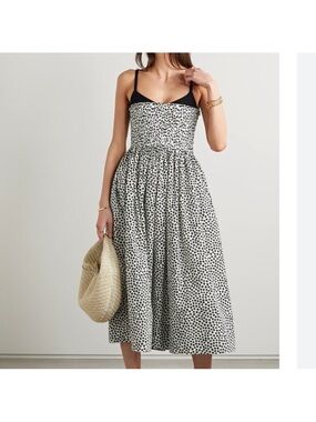 La Ligne Black and White Polka Dot Smocked Fit and Flare Devon Midi Dress